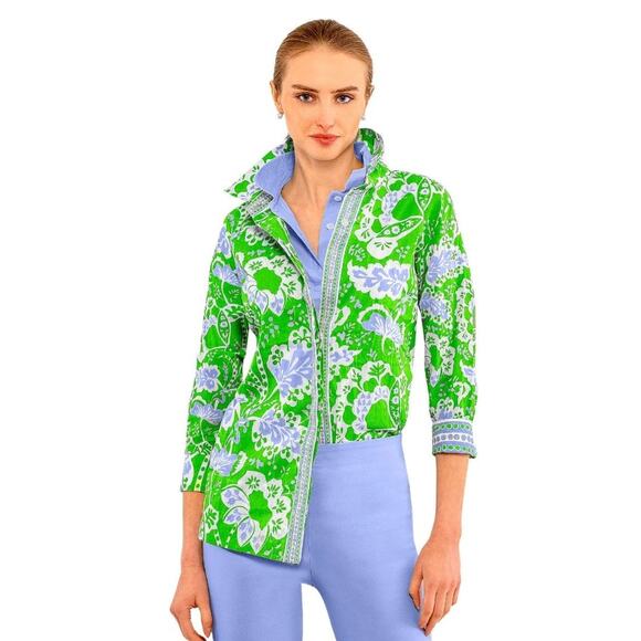Gretchen Scott Green Blue Button Down Comfy Cozy Shirt Floral Print size Medium - Picture 1 of 12